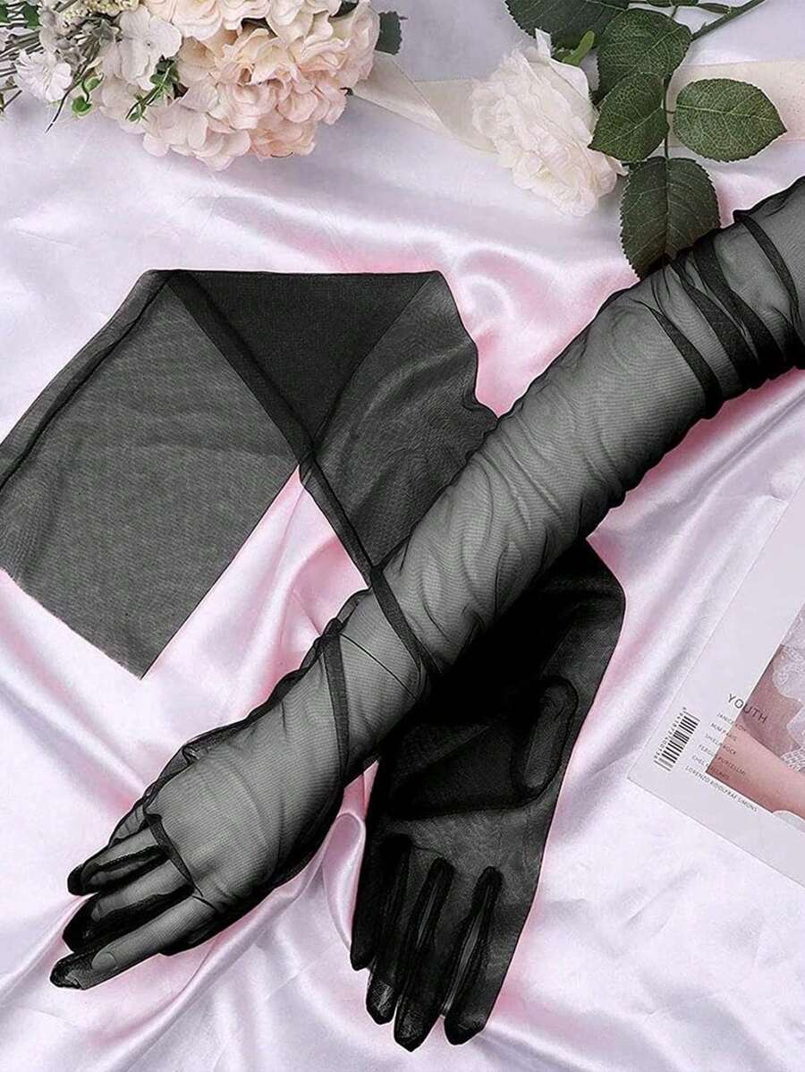 1 双女士蕾丝透明网眼肘长白色婚礼手套，薄薄纱纯色晚会新娘手套女士秋季服装 - 黑色 - 查看 1