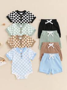Baby Boys Summer Outfits Checkerboard Buttons Short Sleeve Romper And Shorts 2Pcs Clothes Set -  Checkerboard Design Romper With Matching Shorts For Boys - Comfortable And Stylish Summer Clothing Set - Black - View 4