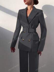 Women's 2pcs Elegant Belted Double-Breasted Blazer Jacket & Elastic Waist Straight Leg Pants Suit Set, Office Work Wear, Fall/Winter, Suitasble For Spring Business Casual