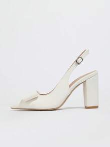 Light Green Pointed Toe High Heel Shoes With Bow And Ankle Strap, Chunky Heel Sandals For Women, Spring/Summer - White - View 6