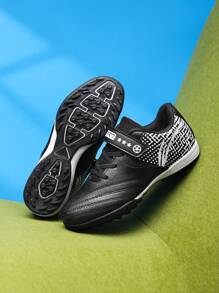 1 Pair Unisex Kids' Leather Magic Strap Sports Shoes, Waterproof, Shock-Absorbing, Comfortable, Soft For Grass, Students, Football Training, Casual, Running, Lightweight Cleats - Black and White - View 3