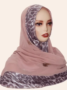 1pc Women Hijab Fashion Sequin Patchwork Leopard Print Scarf, Decorated With -Style Rhinestones, High-End Long Shawl, Suitable For Abaya