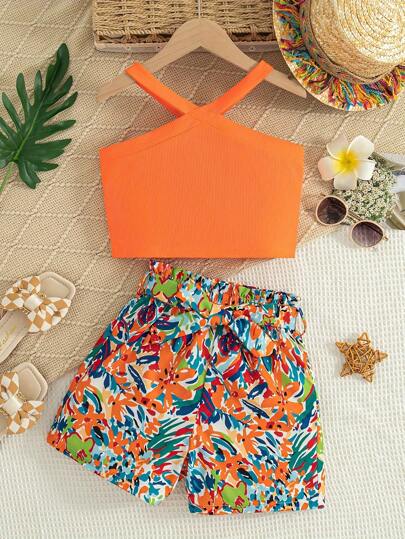 Young Girl Casual Knit Ribbed Criss-Cross Cami And Tropical Floral Pattern Shorts Set, Suitable For Outdoor Holiday, Summer