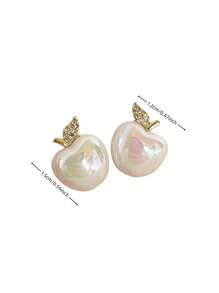 A Pair Of Cute Gold - Plated Rhinestone - Decorated Apple - Shaped Pearl Stud Earrings For Women Daily Wear