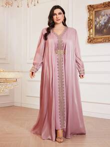Plus Size Women Lantern Sleeve Patchwork Abaya Dress With Sleeveless Elegant Dress, Modest Kaftan - Dusty Pink - View 5