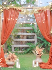 1/2pcs Orange Red Polyester Wedding Valance, Wedding Archway Fabric, Birthday Party Background Decoration, Wedding Party Bridal Shower Decor Room Decoration Supplies, Stair Fence Decor, Chair Back Decoration, Sheer Mesh Door Curtain, Gauze Table Runner, Table Cover, Banquets Party Supplies