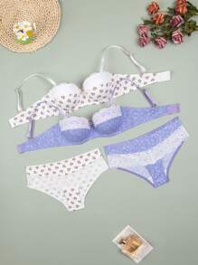 MLeyhoice 2 件套女士数码印花拼色钢圈棉质罩杯内衣文胸和内裤套装（含内裤），可爱 - 彩色 - 查看 7