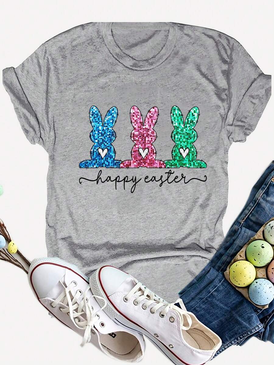 复活节快乐复活节彩色兔子印花时尚女士休闲彩色短袖上衣夏季 - 淺灰色 - 查看 1