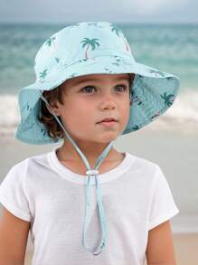 1pc Kids Sun Protection Bucket Hat With Windproof Rope, Simple Solid Color Or Cartoon Print Design, Thin Breathable Bucket Hat, Beach Hat And Bucket Hat Suitable For Daily Travel