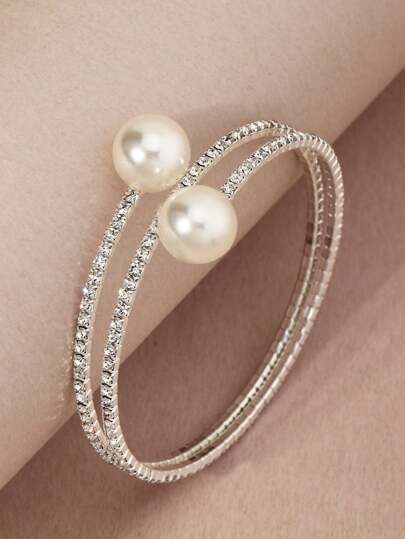 1pc Minimalist Crystal & Pearl Cuff Bangle, Party Dress Accessories