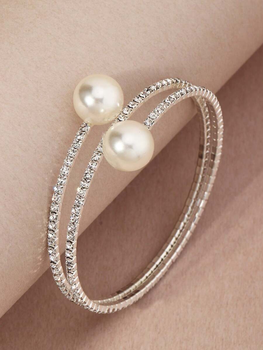 1pc Minimalist Crystal & Pearl Cuff Bangle, Party Dress Accessories - Silver - View 1