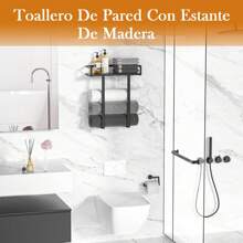 Toallero de pared para baño, toallero de metal, toallero de pared con estante de madera, toalla enrollada, para doblar toallas grandes, almacenamiento de toallas para baño pequeño, decoración de almacenamiento o camping RV - Negro - Ver 6
