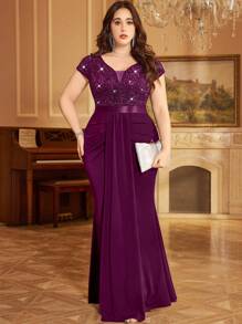 Plus Deep V-Neck Sequin Lace Contrast Ruched Draped Front Mermaid Hem Evening Party Formal Dress, Valentine's Day Dress, Summer Dress, Wedding Guest Dress, For Birthday, Dinner, Prom, Homecoming - Maroon - View 7