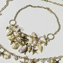 1pc Starfish, Seashell & Pearl Decor Necklace, Exaggerated Beach Vacation Style New Design Double Layer Necklace For Women - Gold - View 3