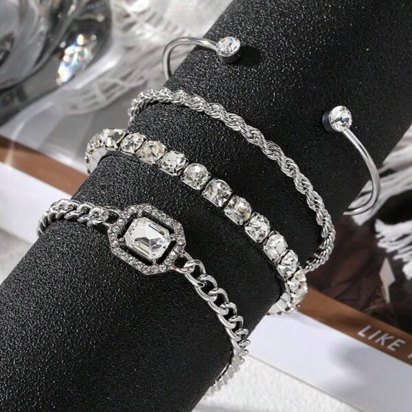 4pcs Set Vintage Versatile Metal Chain & Square Rhinestone Bracelet, Fashion Multi-Layer Paved Diamond Layered Bracelet Set, Ideal For Valentine's Day Gift