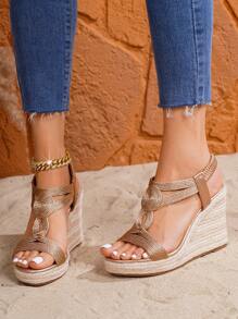 Sandalias de plataforma con cuña y suela de lino para mujer, sandalias de tacón alto con cuña para verano, viajes y vacaciones al aire libre - Champán - Ver 2