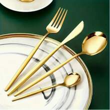 4pcs Stainless Steel Flatware Set, Gold Cutlery Set With Knife, Fork, Soup Spoon And Tea Spoon, Gift Box, Polished Tableware, Suitable For Dining, Parties, Family Gatherings