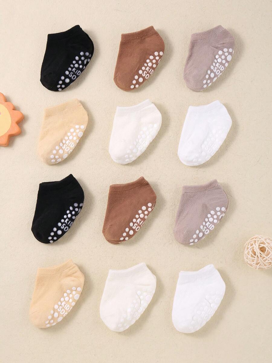 12 Pairs Of Baby's Khaki-Colored Walking Socks, Simple And Casual Short Socks With Dot Glue For Anti-Slip.Baby Socks With Grip