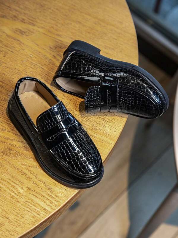 Boys Black Crocodile Leather Business Casual Soft Sole Loafers, Real Leather, Breathable, All Season