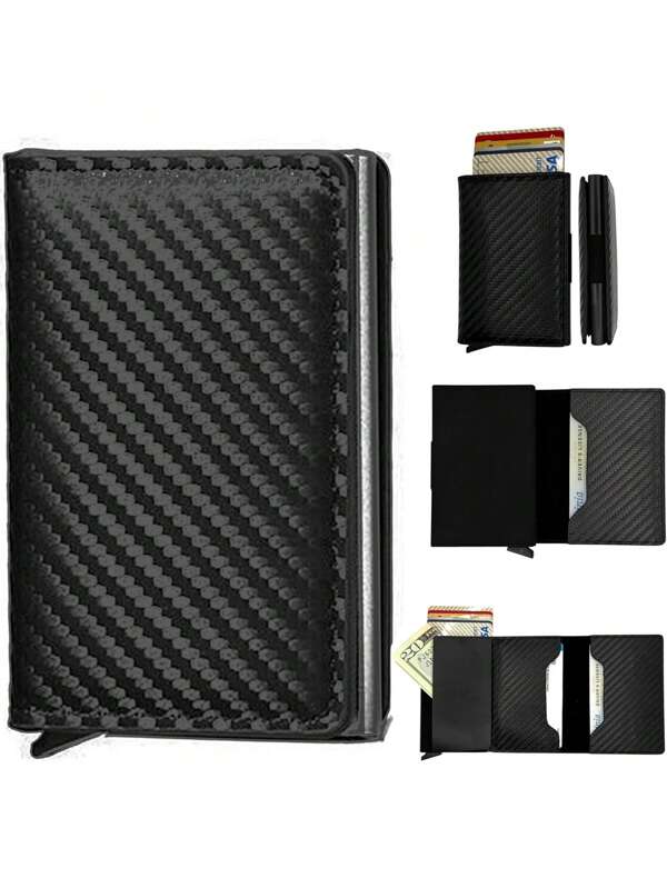 Tarjetero de fibra de carbono y metal ultradelgado con bloqueo RFID, cartera con tarjetas de presentación que se elevan automáticamente, estuche portátil para tarjetas de crédito antidesmagnetización, adecuado como regalo para adolescentes, uso casual de verano, deportes al aire libre, viajes, graduación o accesorios de vestir de cumpleaños