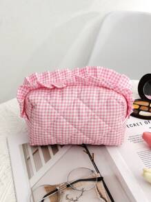 1 Stück rosa gesteppte Kosmetiktasche, karierte Schminktasche, Kulturbeutel, minimalistischer multifunktionaler Kosmetikbeutel, modischer lässiger Kosmetikbeutel mit großer Kapazität und Reißverschluss, unverzichtbar für Reisen & Urlaub - Pink - Übersicht 2