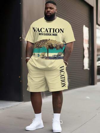 2 件加大码男士度假和古典音乐印花短袖短裤套装，休闲假日旅行装，圆领 T 恤配抽绳短裤，男士夏装，可机洗，透气柔软舒适面料