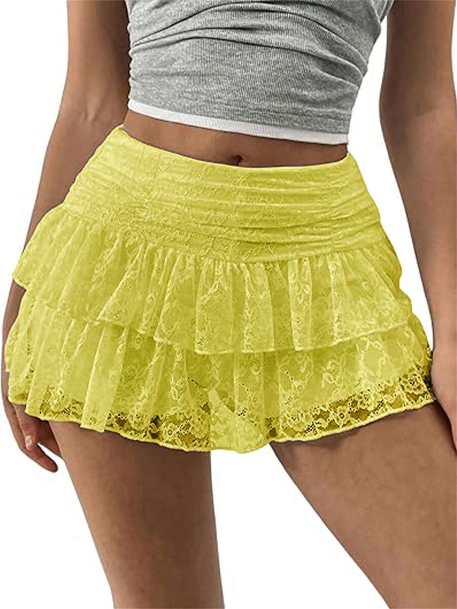 Women's Summer Lace Floral Skirt High Rise Tiered Ruffled Flowy Short Mini A Line Skirt Streetwear - Yellow - View 1