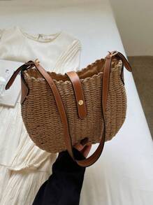 女士时尚 PU 皮革和编织草编单肩包，便携，适合旅行和度假