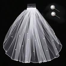 2pcs /Set Simple Style Faux Pearl Wedding Veil With Comb Short Veil & Pearl Earrings Combination For Women Photo Accessories, Party, &; Elegant Beautiful