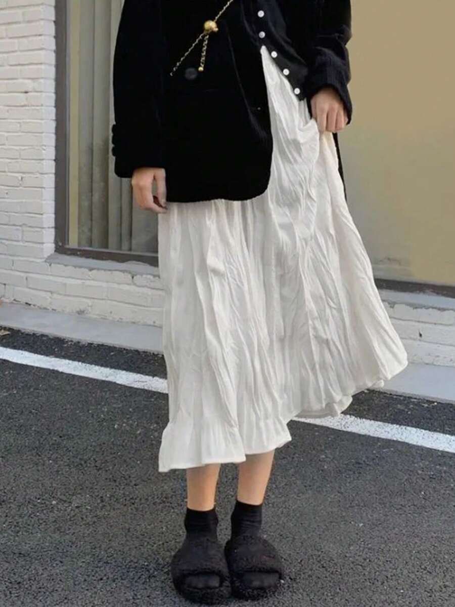 女士优雅纯色纹理弹力腰褶裥长裙，约会完美之选 白色 春季 - 白色 - 查看 1