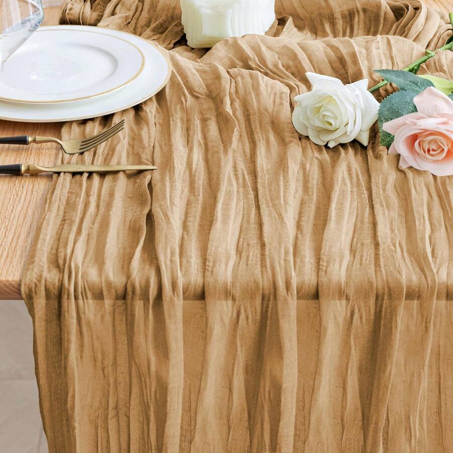 1pc Beige Cable-Knit Table Runner, Country Cheesecloth Tablecloth, Bohemian Spring/Summer Tablecloth, Wedding Bride Baby Shower Decoration - Khaki - View 1