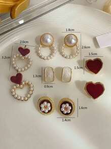 5pcs/Set Vintage Elegant Minimalist Faux Pearl Circular Flower Heart Shaped Oil Drop Geometric Earring Set, Suitable For Women's Daily And Festival Wear