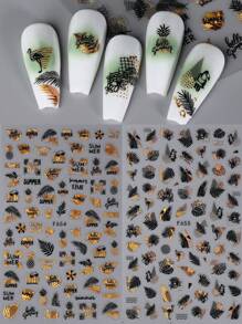 全息黑金美甲贴纸 2/4 张 3D 自粘美甲贴花 热带度假风，包含棕榈叶、菠萝、火烈鸟、冰淇淋、椰子、贝壳等美甲图案，适合 DIY 美甲装饰 - 彩色 - 查看 12