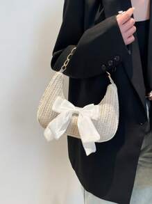 Fashion Solid Color Metal Chain & Straw Crescent Moon Women's Multifunctional Handbag With Bow, Scarf Decoration, Casual Straw Beach Bag, Clutch Purse, Cute Bow Bag For Women