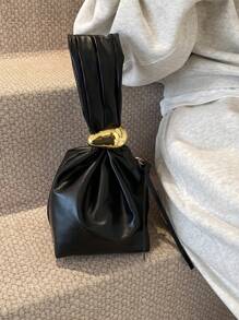 1 Stück Damen Handtasche aus PU Leder in Einfarbig, Mini Cloud Raffung Design mit Metall Zierverschluss, geeignet für täglichen Gebrauch und Einkaufen - Schwarz - Übersicht 7