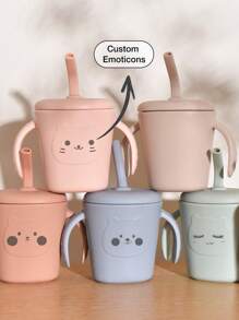 1 pieza Botella de agua/taza de leche personalizada de silicona con pajita, tapa antipolvo y antiderrame, esencial para alimentación, regalo personalizado para niños y niñas, diseño de oso de dibujos animados, para todo el año