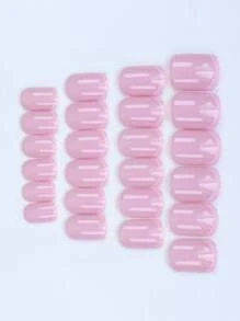 24片法式短方形美甲贴片，简约撞色图案，包含1个指甲锉和1瓶凝胶指甲油 - 淺粉色 - 查看 3
