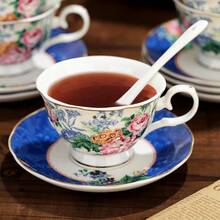 Juego de té de porcelana de 21 piezas con diseño verde y floral de Fanquare, juego de taza y platillo de cerámica vintage para 6, juego de tetera para fiestas de mujeres - Rosa Pálido - Ver 7