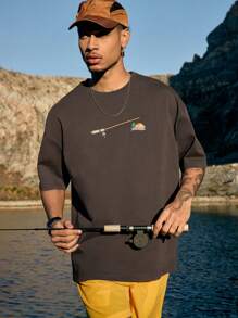 INFLATION 男士休闲宽松泡沫3D印花T恤（流行再版） - 棕色 - 查看 4