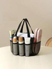 大容量便携式网状沙滩包 - 宽敞的多口袋化妆旅行收纳洗漱包，采用透气设计，加固手柄，适合海滩、泳池、健身房和户外活动