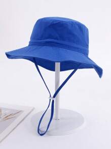 1pc Kids Sun Protection Bucket Hat With Windproof Rope, Simple Solid Color Or Cartoon Print Design, Thin Breathable Bucket Hat, Beach Hat And Bucket Hat Suitable For Daily Travel