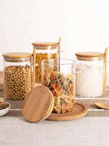 1 Stück 350ml/450ml rundes Glas Vorratsglas mit Luftdichtem Deckel, Gewürz Gläser mit Bambusdeckel und Löffel, Lebensmittel Vorratsbehälter für Zucker, Kaffee, Nüsse, Glas Küchen Kanister für Mehl, Kekse, Süßigkeiten, Matcha Tee, Nüsse und Gewürze