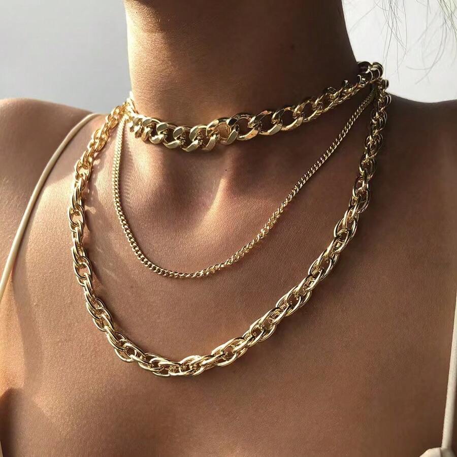 1 Set Punk Hip-Hop Style Multi-Layer Chunky Metal Chain Choker Necklace For Women - Silver - View 1