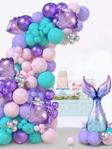 80pcs Purple Mermaid Balloon Garland Arch Kit&4pcs Aluminum Foil Purple Shell&1pc Aluminum Foil Purple Fishtail&2pcs Balloon Accessories, Pastel Pink Purple Teal Blue Clear Latex Balloon With Mermaid Tail Seashell Foil Balloon, For Mermaid Party Decorations Ocean Theme Birthday Party Supplies, Babe Shower Party Backdrop Decorations