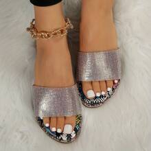Women's Flat Sandals With Solid Color And Diamond Embellishments