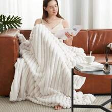 Soft Faux Fur Throw Blanket For Couch, Warm Luxurious Faux Rabbit Fur Striped Throw Blanket, Cozy Fluffy Plush Fur Blanket For Sofa Chair Bed Living Room, Cream White, 50"X 70"