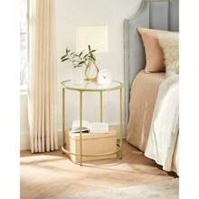 Round Side Table, Glass End Table With Metal Frame, Gold Coffee Table With Modern Style, For Living Room, Balcony, Bedroom, Gold Color