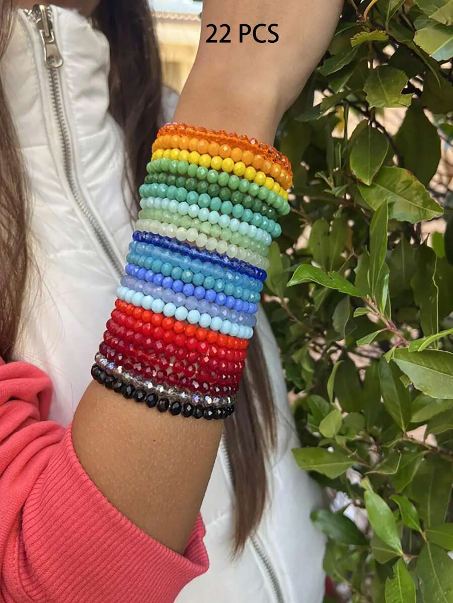 11-22 pièces/set Bracelet élastique bohème style coloré avec perles en cristal de verre, convient pour les vacances et les cadeaux pour la famille et les amis
