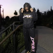 男士嘻哈蜘蛛网图案字母图案原宿复古连帽衫长袖长裤套装男款联名套装 2 件套 - 黑色 - 查看 3