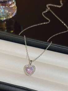 1pc Stainless Steel Zirconia Heart Shaped Delicate Necklace, Luxurious Chic For Women